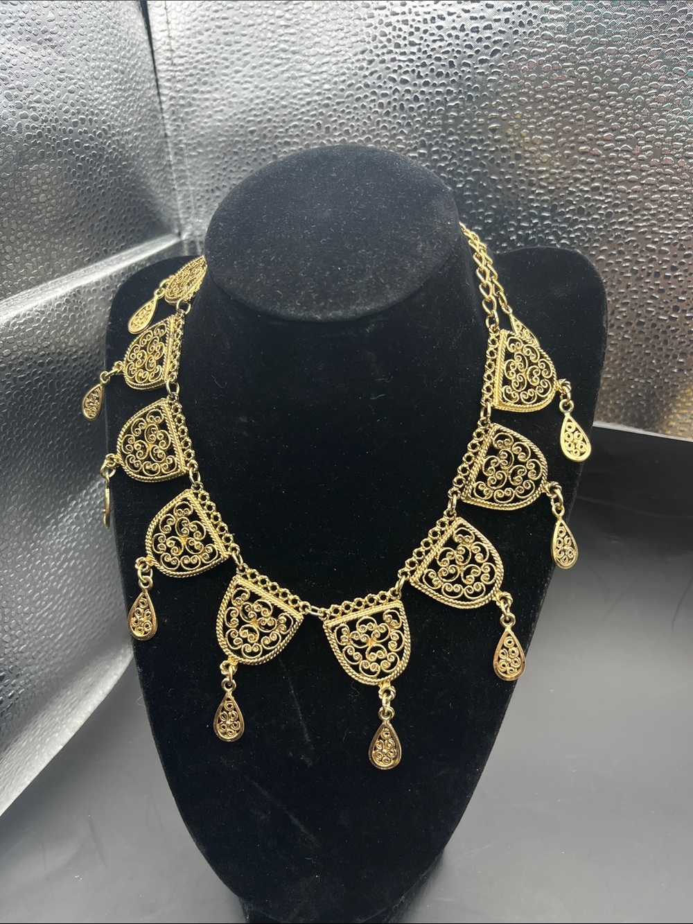 Vintage Gold Filigree Statement Necklace - swirls Indian inspired boho